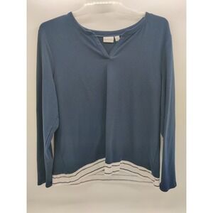Kim Rogers Womens Long Sleeve V Neck Tunic Top Striped Hem Navy‎ Blue XL